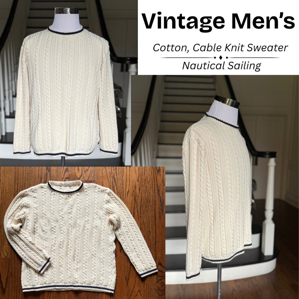 Vintage Mens Nautical Fishermans Cable Cotton Sweater Preppy Heritage Collegiate